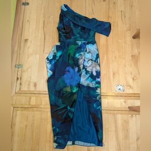 Michelle Mason | Asymmetrical Draped Midi Dress Cut Out Floral Size 4 Blue